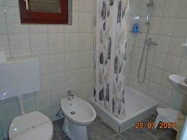 A bathroom with a toilet and shower

Description automatically generated